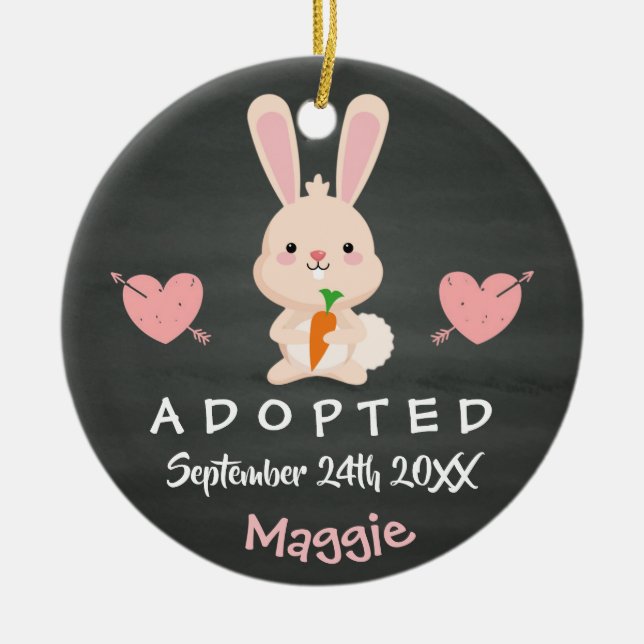 Adopted - Customised Pink Bunny Adoption Gift Ceramic Tree Decoration (Front)