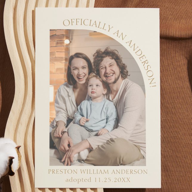 Adoption Announcement Cream Gold Modern Arch Photo (cute modern arch boho child adoption announcement card photo cream and gold )