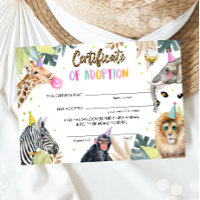 Adoption Certificate Safari Party Animals Birthday