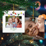 Adoption Foster Family First Christmas Photo Ceramic Ornament<br><div class="desc">First Christmas as a Family! Perfect for Adoptions, Foster Parents, Gotcha Day, Homecoming Celebrations, or Family Day! Cute, Modern yet Rustic Christmas Holiday Photo Square Ornaments featuring adorable little string of colorful Christmas lights in red, green, yellow, and purple, along with modern typography. Add 2 of your favorite photos for...</div>