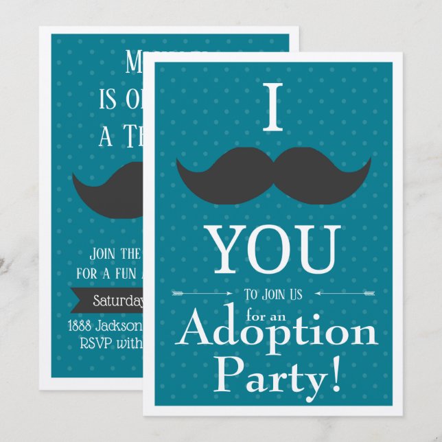 Adoption Party Modern Moustache Blue Announcement (Front/Back)