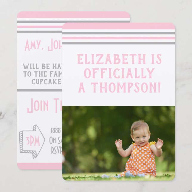 Adoption Party Modern Pink & Grey Stripes Invitation (Front/Back)