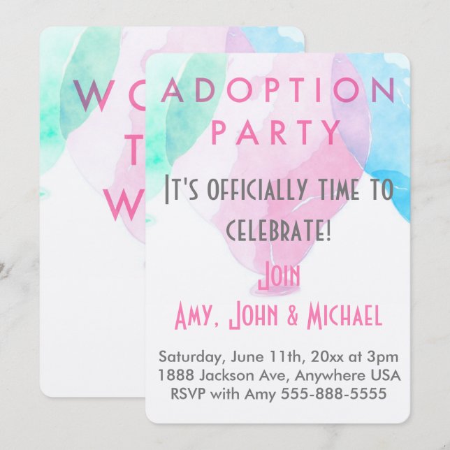 Adoption Party Pink & Blue Balloons Announcement (Front/Back)