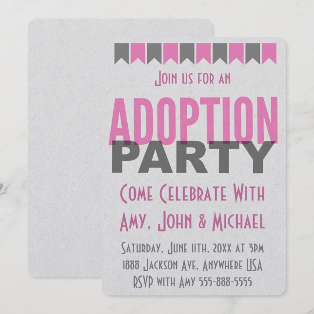 Adoption Party Pink Modern Announcements (Front/Back)