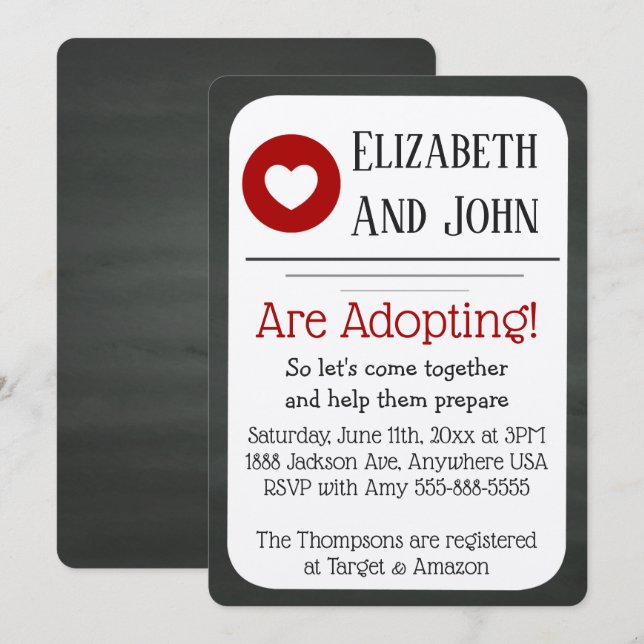 Adoption Shower Red & Black Chalkboard Invatation Invitation (Front/Back)