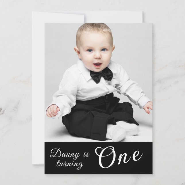 Adorable 1st Birthday Photo black and white Invitation (Front)