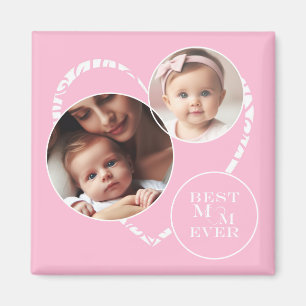 Adorable 3-Photo "Best Mum Ever" Pink, White Heart Magnet