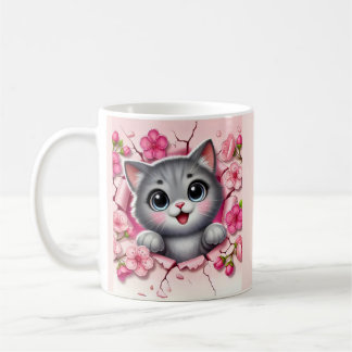 Adorable 3D Cat Peeking Through Floral Wall Design Coffee Mug