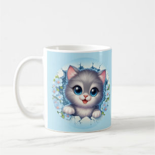 Adorable 3D Cat Peeking Through Floral Wall Design Coffee Mug