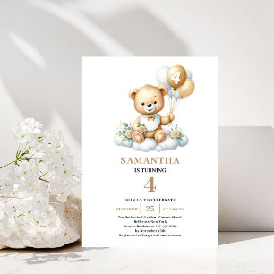 Adorable 4th Birthday Teddy Bear Gold Balloon Car Invitation
