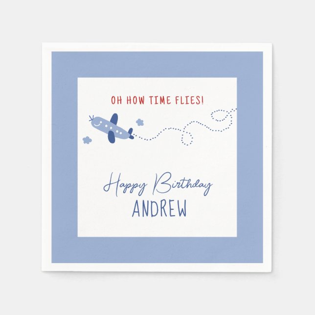Adorable Aeroplane How Time Flies First Birthday  Napkin (Front)