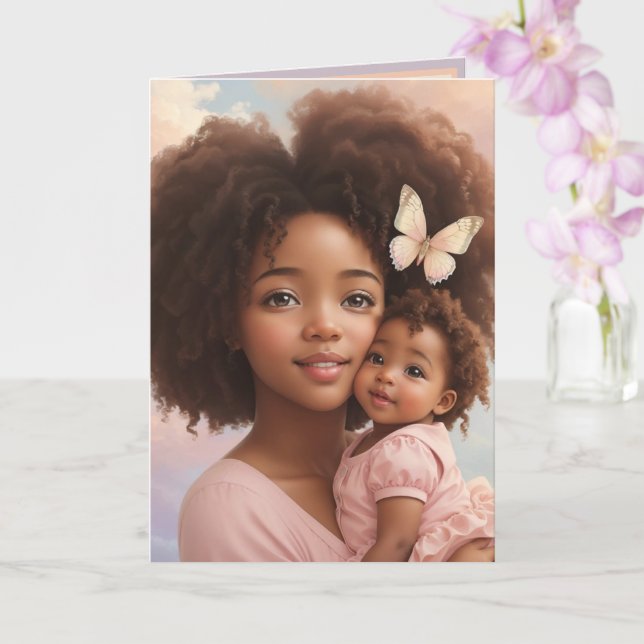 Adorable African American Baby Girl & Mum Pastel Card (Orchid)