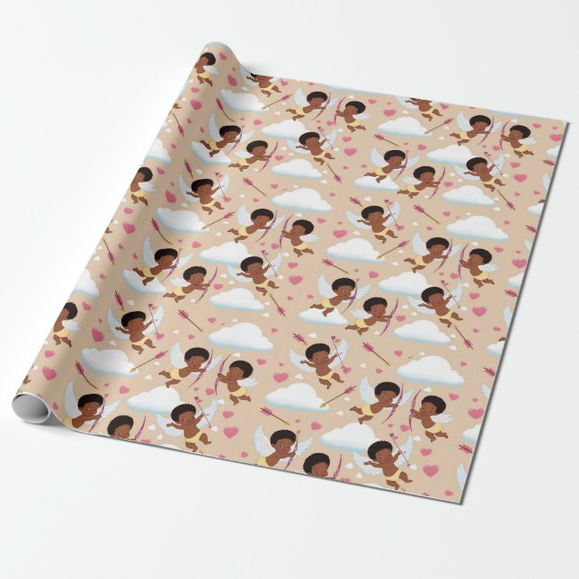 Adorable African American Cherub with Hearts  Wrapping Paper (Unrolled)