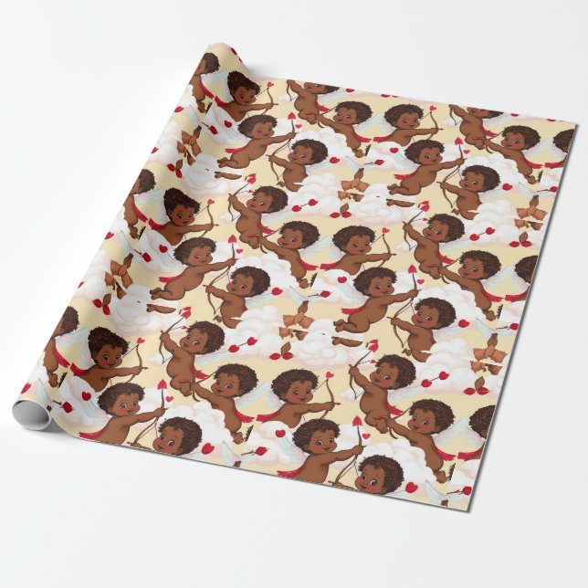 Adorable African American Cherub with Hearts  Wrapping Paper (Unrolled)
