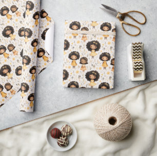 Adorable African American Girl with Golden Flowers Wrapping Paper