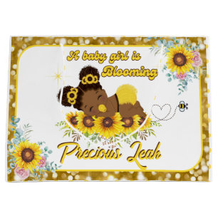 Adorable African American Sunflower Baby Shower Large Gift Bag