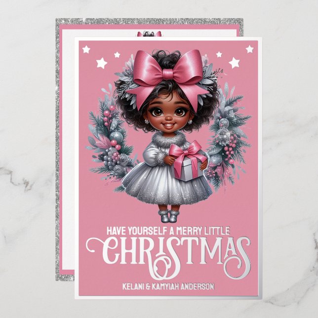 Adorable Afro Girl Pink & Silver Christmas Wreath Foil Holiday Card (Front/Back)
