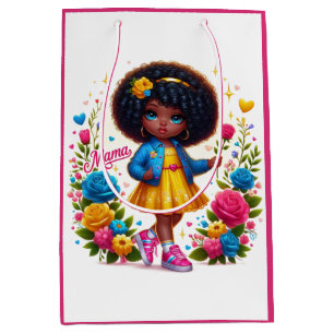 Adorable Afro Girl Yellow/Pink Flower Mama Medium Gift Bag