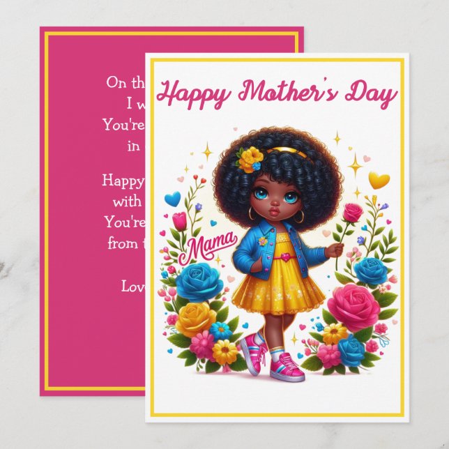 Adorable Afro Girl Yellow/Pink Flower Mother's Day Holiday Card (Front/Back)