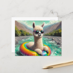Adorable Alpaca on a Rainbow Colour Float Postcard