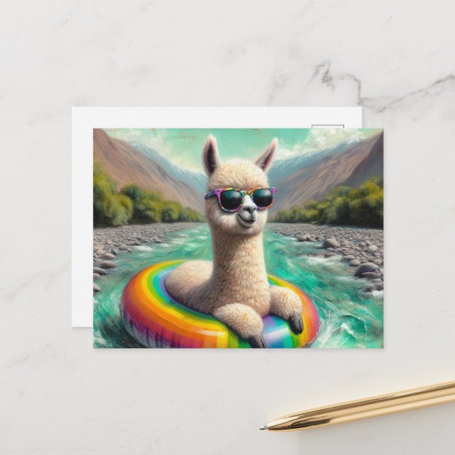 Adorable Alpaca on a Rainbow Colour Float Postcard (Front/Back In Situ)
