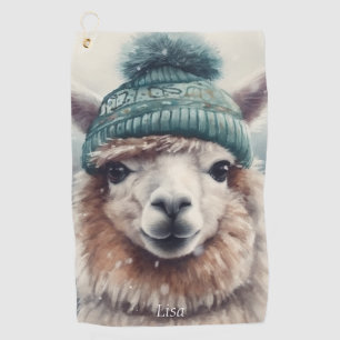 Adorable alpaca wearing blue beanie, customisable  golf towel