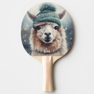 Adorable alpaca wearing blue beanie customisable  ping pong paddle