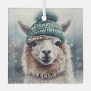 Adorable alpaca wearing blue beanie  glass tree decoration
