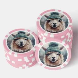 Adorable alpaca wearing blue beanie  poker chips