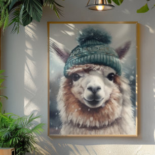 Adorable alpaca wearing blue beanie  poster