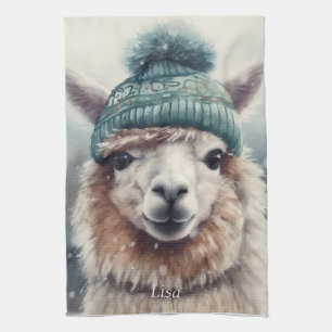 Adorable alpaca wearing blue beanie tea towel