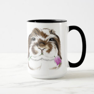 Adorable American Fuzzy Lop Rabbit with pink Tulip Mug