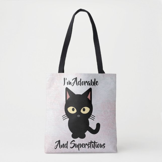 Adorable and Superstitious Cat Design Tote Bag (Front)