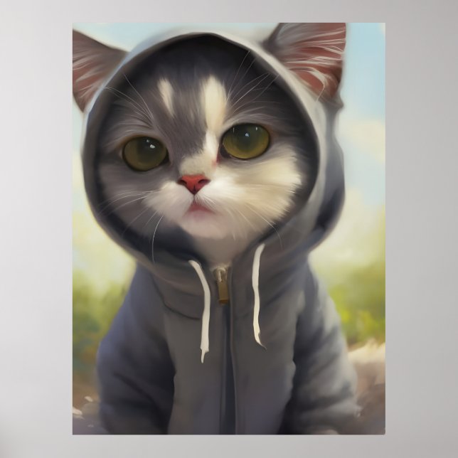 Adorable and Sweet Kitten Wearing a Hoodie Poster (Front)