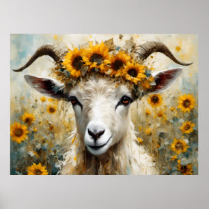 Adorable Angora Goat in the Sunflower Fields Poster