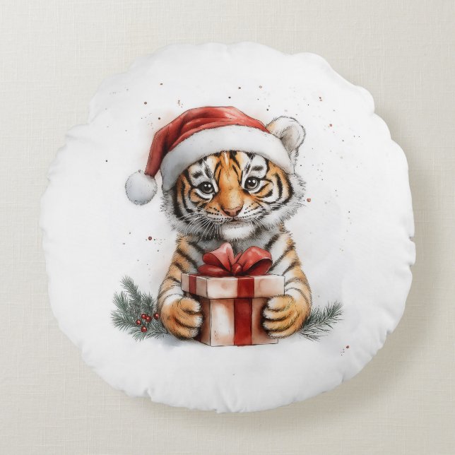 Adorable Animal Christmas Series Baby Tiger Round Cushion (Front)