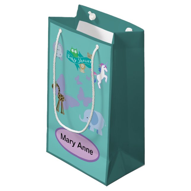 Adorable Animal Friends Baby Shower Turquoise Small Gift Bag (Front Angled)