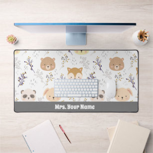 Adorable Animal Head And Floral Pattern Desk Mat