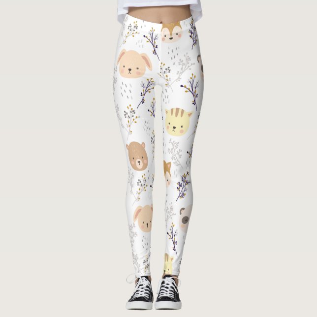 Adorable Animal Head And Floral Pattern Leggings (Front)