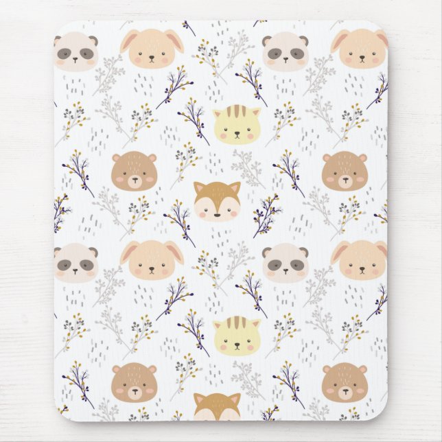 Adorable Animal Head And Floral Pattern Mouse Mat (Front)