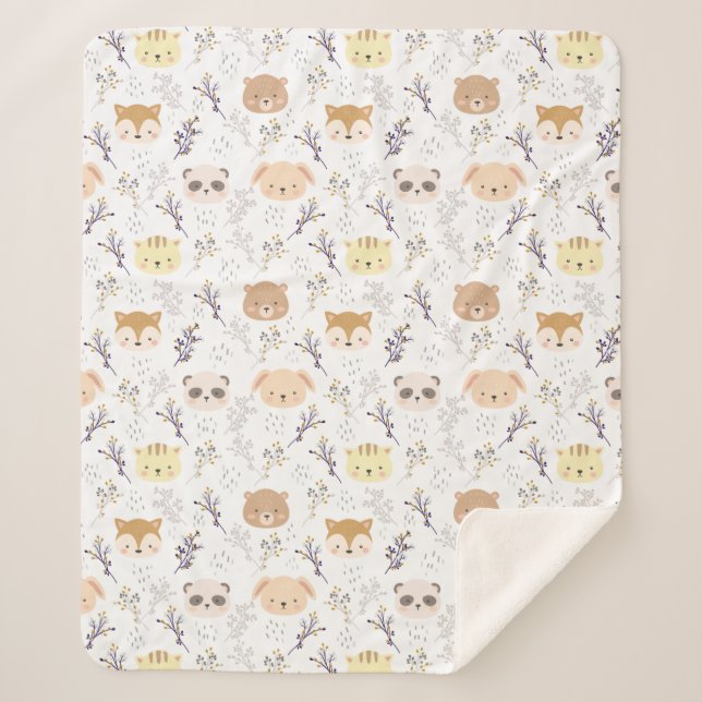Adorable Animal Head And Floral Pattern Sherpa Blanket (Front)
