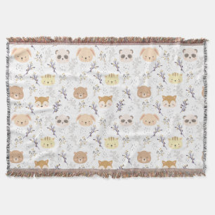 Adorable Animal Head And Floral Pattern Throw Blanket