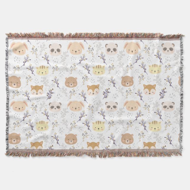 Adorable Animal Head And Floral Pattern Throw Blanket (Front)
