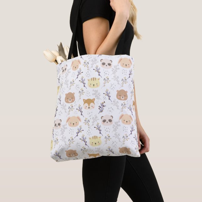 Adorable Animal Head And Floral Pattern Tote Bag (Close Up)