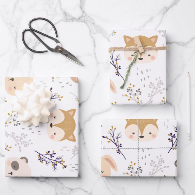Adorable Animal Head And Floral Pattern Wrapping Paper Sheet (Front)