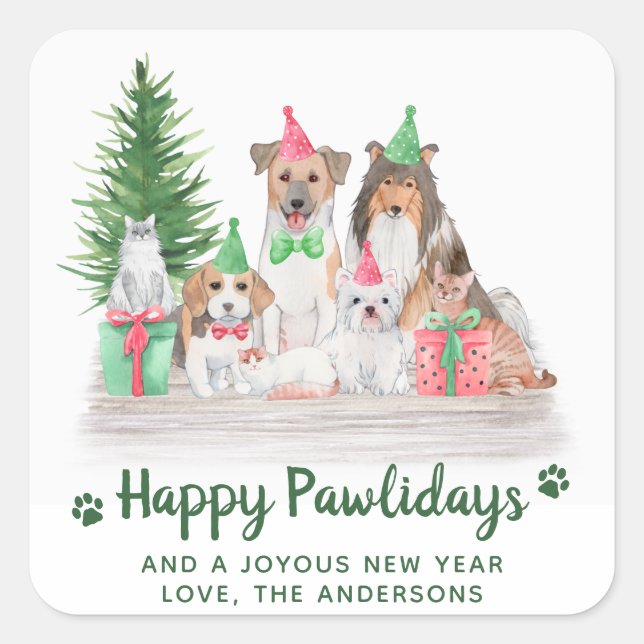 Adorable Animals Dog Cat Puppy Kitten Christmas Square Sticker (Front)