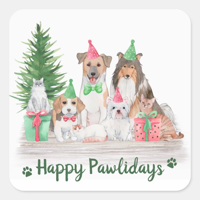Adorable Animals Dog Cat Puppy Kitten Holiday Square Sticker (Front)