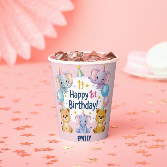 Adorable Animals Happy 1st Birthday Paper Plate Paper Cups (Insitu)