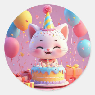 Adorable Animated Cat Celebrating a Birthday Party Classic Round Sticker