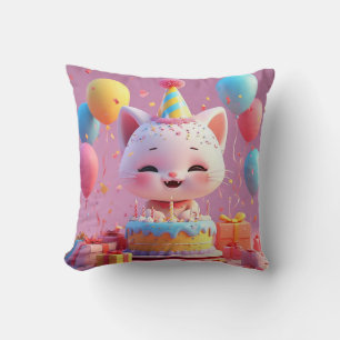 Adorable Animated Cat Celebrating a Birthday Party Cushion
